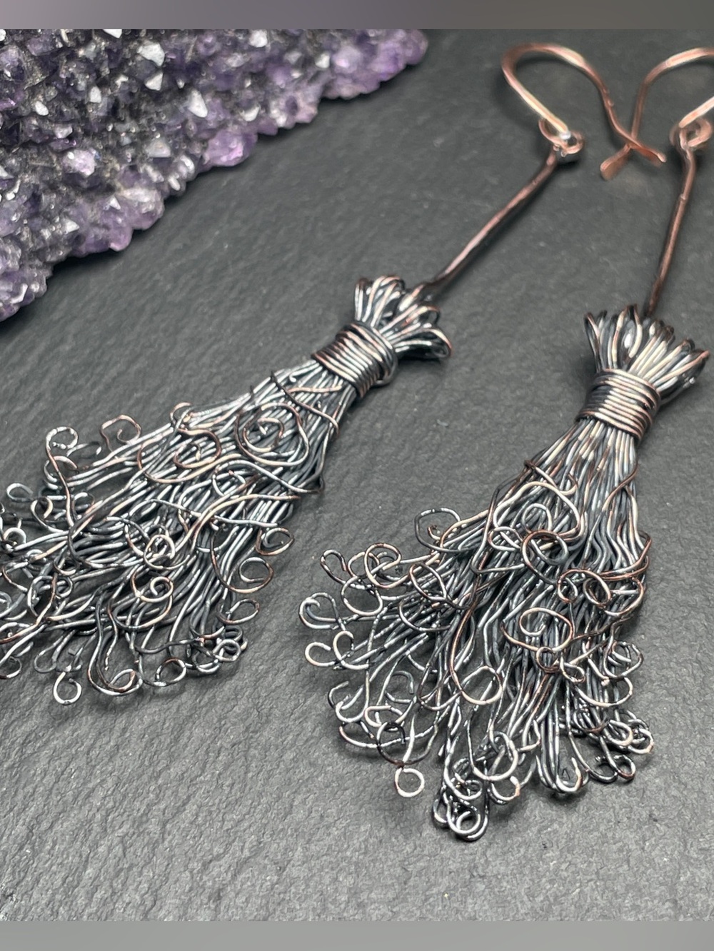 FINAL SALE Copper Witch's Broom Halloween Dangle Earrings - Artisan - Picture 5 of 10